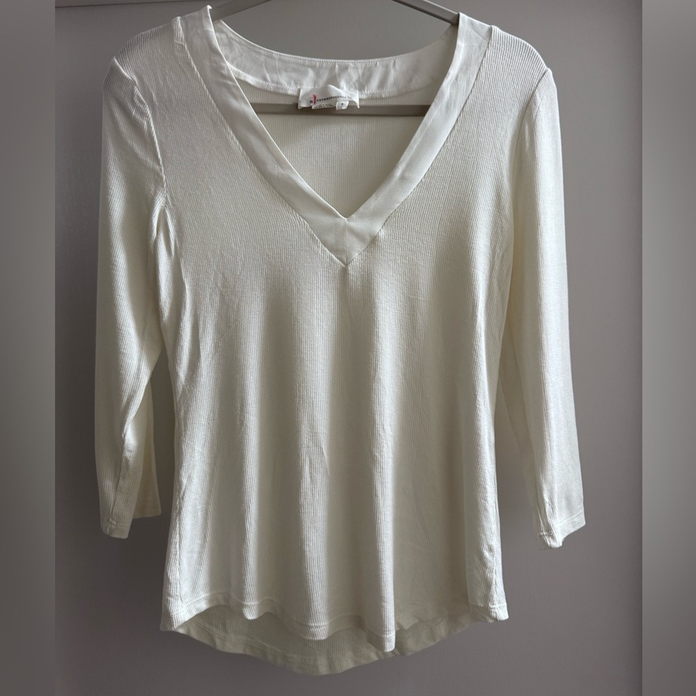 Anthropologie Ribbed Layering Top 3/4 Sleeves Ivory V-Neck